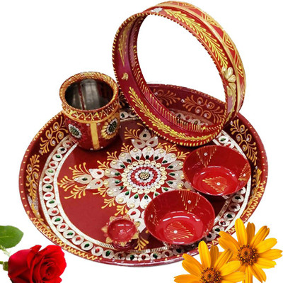 Lvi Craft Decorative Steel Karwa Chauth Pooja Thali 6 Pieces Set Steel(1 Pieces, Multicolor)