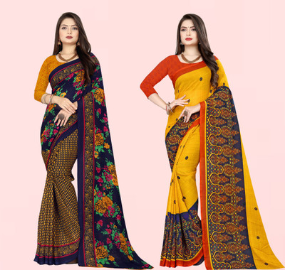 kashvi sarees Printed Daily Wear Georgette Saree(Pack of 2, Dark Blue, Yellow)