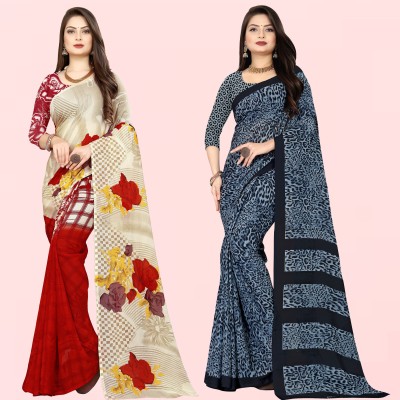 Anand Sarees Floral Print Daily Wear Georgette Saree(Pack of 2, Blue, Beige)