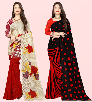 Anand Sarees Floral Print Daily Wear Georgette Saree(Pack of 2, Black, Beige)