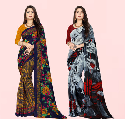 Anand Sarees Floral Print Daily Wear Georgette Saree(Pack of 2, Dark Blue, Grey)
