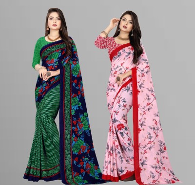 Anand Sarees Printed Daily Wear Georgette Saree(Pack of 2, Green, Blue, Pink)
