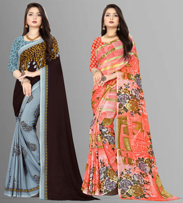 Anand Sarees Striped, Floral Print Daily Wear Georgette Saree(Pack of 2, Multicolor)