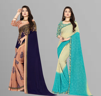 kashvi sarees Printed Daily Wear Georgette Saree(Pack of 2, Dark Blue, Beige)