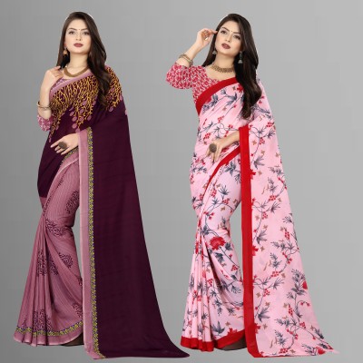 kashvi sarees Printed Daily Wear Georgette Saree(Pack of 2, Purple, Brown, Pink)