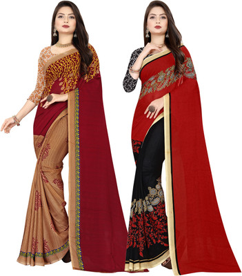 Anand Sarees Printed Daily Wear Georgette Saree(Pack of 2, Red, Maroon)