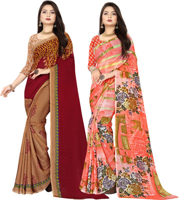 kashvi sarees Printed Daily Wear Georgette Saree(Pack of 2, Brown, Orange)
