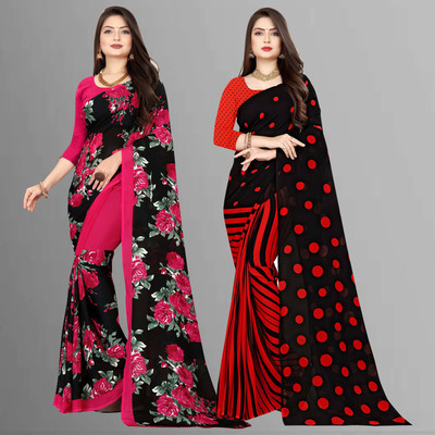 Anand Sarees Floral Print Daily Wear Georgette Saree(Pack of 2, Black)