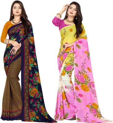 kashvi sarees Printed Daily Wear Georgette Saree(Pack of 2, Dark Blue, Yellow)