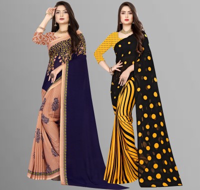 Anand Sarees Printed Daily Wear Georgette Saree(Pack of 2, Blue, Black, Beige, Yellow)