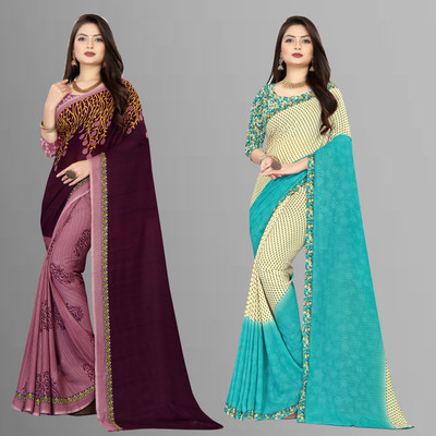 Anand Sarees Striped, Floral Print Daily Wear Georgette Saree(Pack of 2, Purple, Beige)
