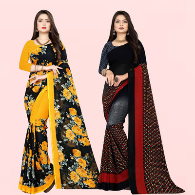 Anand Sarees Floral Print Daily Wear Georgette Saree(Pack of 2, Black, Grey, Yellow)