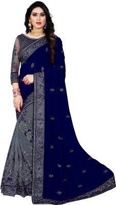 Semizoxis Embellished, Embroidered Bollywood Net, Art Silk Saree(Blue, Grey)