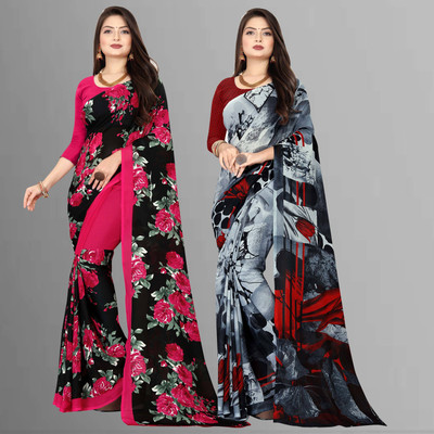 Anand Sarees Floral Print Daily Wear Georgette Saree(Pack of 2, Black, Grey)