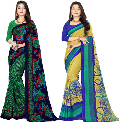 kashvi sarees Printed Daily Wear Georgette Saree(Pack of 2, Dark Blue, Beige)