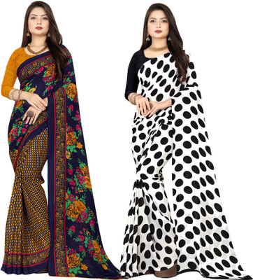 kashvi sarees Printed Daily Wear Georgette Saree(Pack of 2, Dark Blue, White)