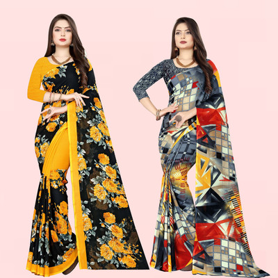 Anand Sarees Floral Print Daily Wear Georgette Saree(Pack of 2, Black, Grey, Yellow)