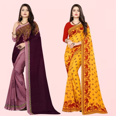 Anand Sarees Printed Daily Wear Georgette Saree(Pack of 2, Purple, Red, Brown, Yellow)