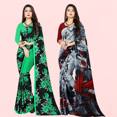 Anand Sarees Printed Daily Wear Georgette Saree(Pack of 2, Green, Black, Grey)