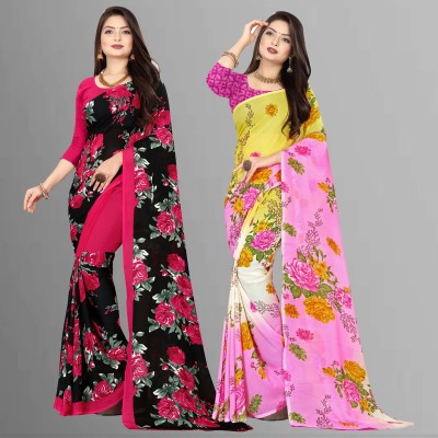 Anand Sarees Floral Print Daily Wear Georgette Saree(Pack of 2, Pink, Black)