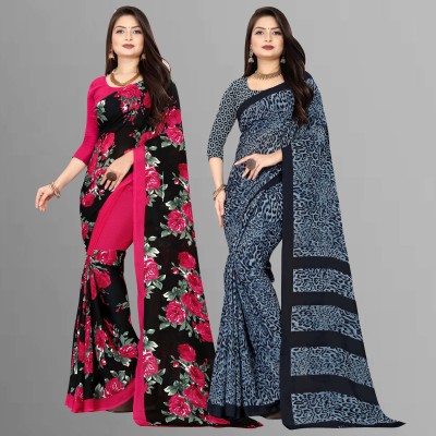 kashvi sarees Floral Print Daily Wear Georgette Saree(Pack of 2, Light Blue, Pink, Black)