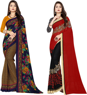 kashvi sarees Printed Daily Wear Georgette Saree(Pack of 2, Purple, Blue, Yellow)