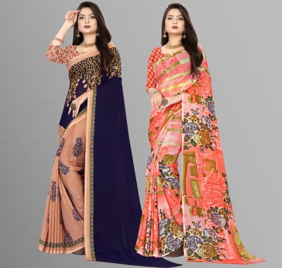 kashvi sarees Printed Daily Wear Georgette Saree(Pack of 2, Blue, Pink, Beige)