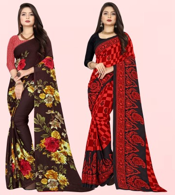 Anand Sarees Floral Print Daily Wear Georgette Saree(Pack of 2, Red, Brown)