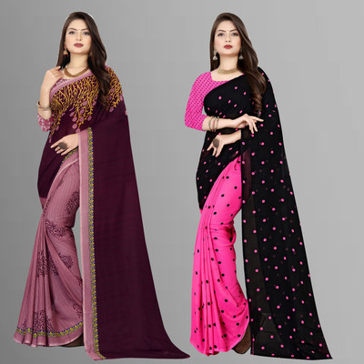 Anand Sarees Striped, Floral Print Daily Wear Georgette Saree(Pack of 2, Purple, Black)