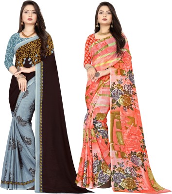 Anand Sarees Floral Print Daily Wear Georgette Saree(Pack of 2, Orange, Grey)