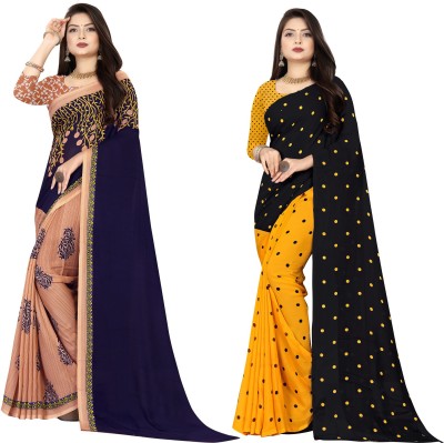 kashvi sarees Printed Daily Wear Georgette Saree(Pack of 2, Dark Blue, Black)