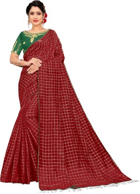 juicee Collection Checkered Banarasi Cotton Jute Blend, Art Silk Saree(Blue)