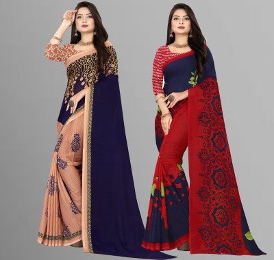 Anand Sarees Printed Daily Wear Georgette Saree(Pack of 2, Dark Blue)