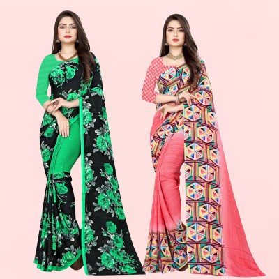 Anand Sarees Printed Daily Wear Georgette Saree(Pack of 2, Black, Pink)