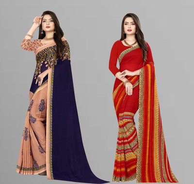 Anand Sarees Printed Daily Wear Georgette Saree(Pack of 2, Dark Blue, Red)