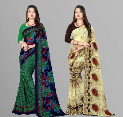 Anand Sarees Printed Daily Wear Georgette Saree(Pack of 2, Green, Blue, Cream)