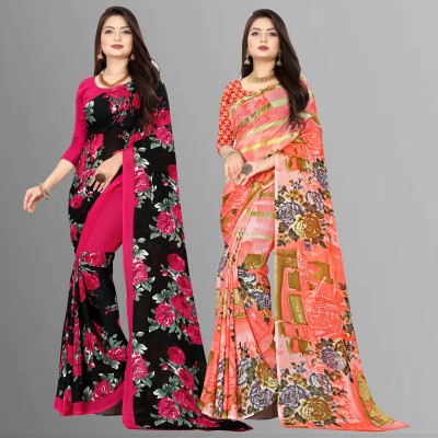 Anand Sarees Floral Print Daily Wear Georgette Saree(Pack of 2, Black, Orange)