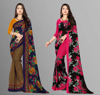 Anand Sarees Floral Print Daily Wear Georgette Saree(Pack of 2, Dark Blue, Black)