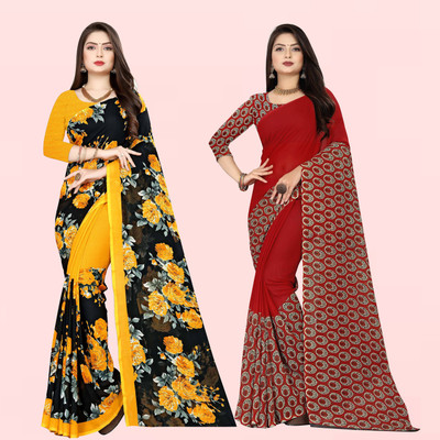 Anand Sarees Floral Print Daily Wear Georgette Saree(Pack of 2, Red, Black, Yellow)