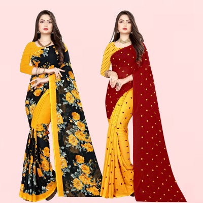 Anand Sarees Floral Print Daily Wear Georgette Saree(Pack of 2, Yellow)