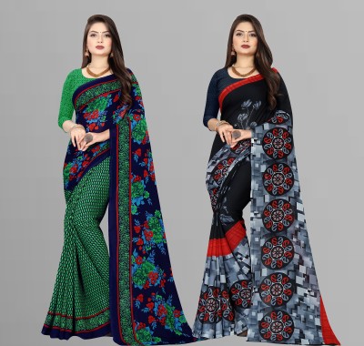 Anand Sarees Printed Daily Wear Georgette Saree(Pack of 2, Green, Blue, Black)