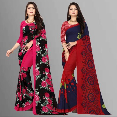 Anand Sarees Floral Print Daily Wear Georgette Saree(Pack of 2, Dark Blue, Black)
