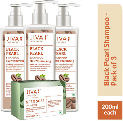 JIVA Black Pearl Shampoo - Increases Hair Volume - 200 ml, Pack of 3 with Neem Soap for Nourishing Skin - 100 g(200 ml)