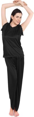 fasense Women Solid Black Top & Pyjama Set