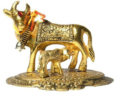 NIRMAL HANDI CRAFT Kamdhenu Cow with Calf Handicraft Decorative Showpiece/Gift Item for Good Luck/Vastu Decorative Showpiece  -  5 cm(Metal, Gold)