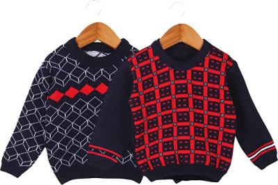Trendy World Checkered Round Neck Casual Baby Boys & Baby Girls Dark Blue, Red Sweater