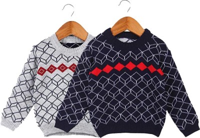 Trendy World Geometric Print Round Neck Casual Baby Boys & Baby Girls Grey, Dark Blue Sweater