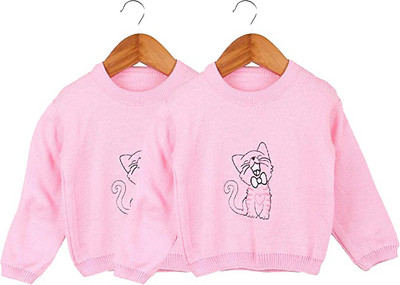 ANIXA Woven Round Neck Casual Baby Girls Pink Sweater