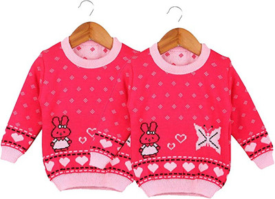 ANIXA Woven Round Neck Casual Baby Girls Pink Sweater