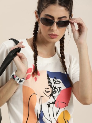 Moda Rapido Printed Women Round Neck White T-Shirt